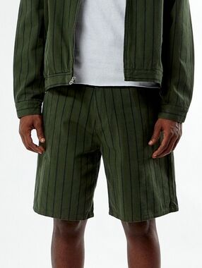 Obey Striped Baggy Denim Shorts Men's 36 Duffle Bag Multi Green Longline Shorts